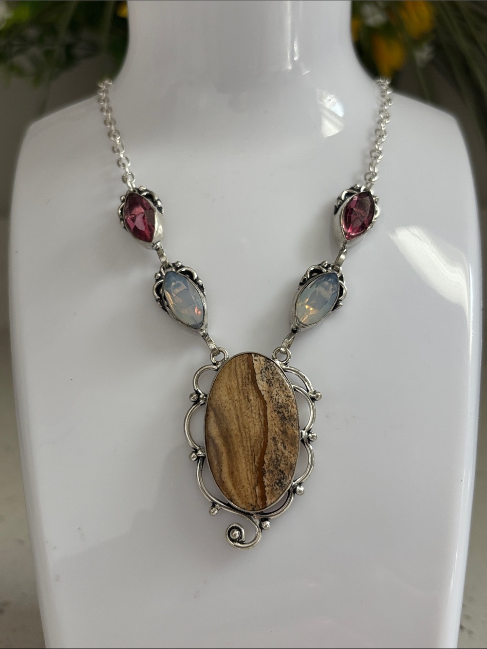 Picture Jasper & Opalite Ethnic Artisan Handcrafted Gemstone Link Necklace